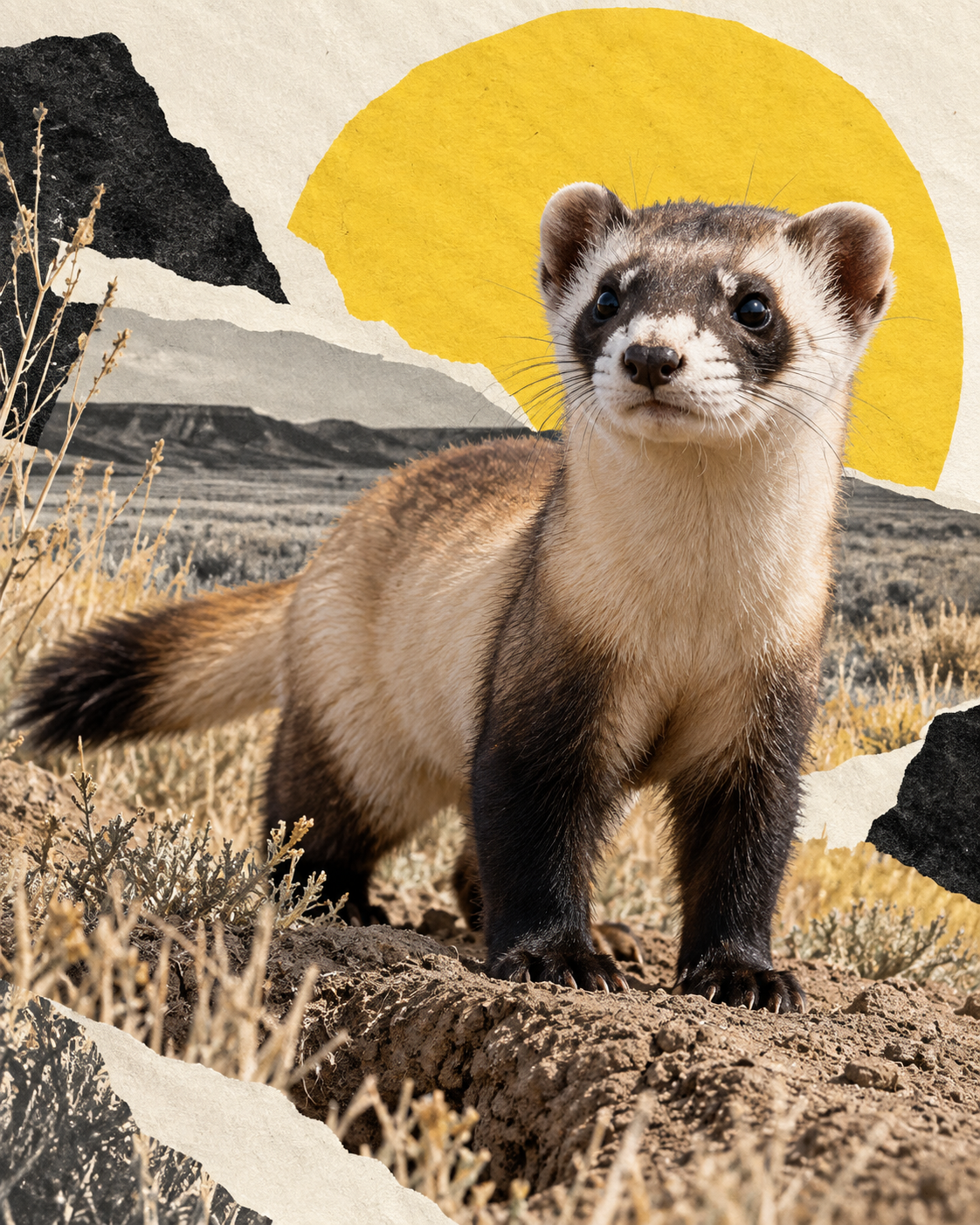 Black-footed ferret standing alert on a prairie burrow mound in Hopeslop cut-paper editorial artwork.