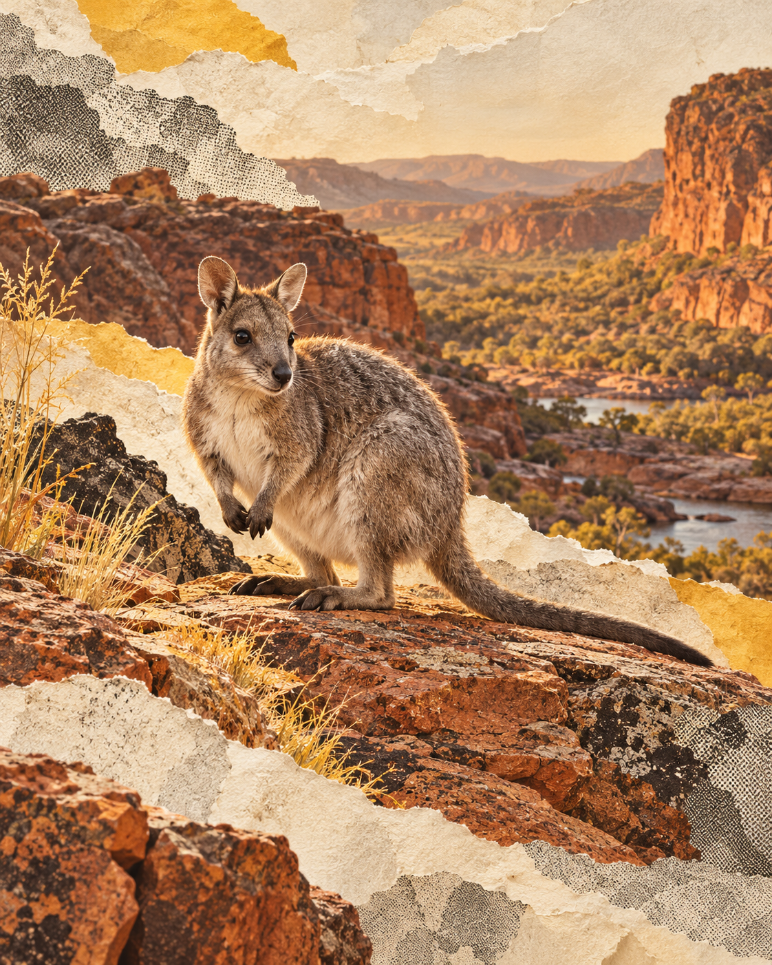 Representative cut-paper editorial illustration of a tiny nabarlek rock-wallaby among Kimberley sandstone rocks.