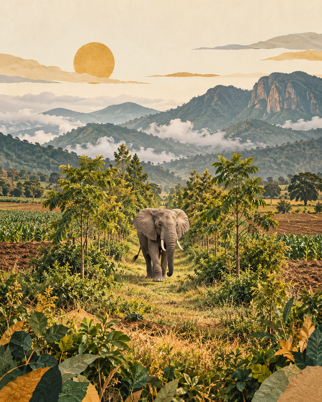 Representative cut-paper editorial collage of an African savanna elephant walking through a restored tree corridor between Tanzanian farms and the Udzungwa Mountains.