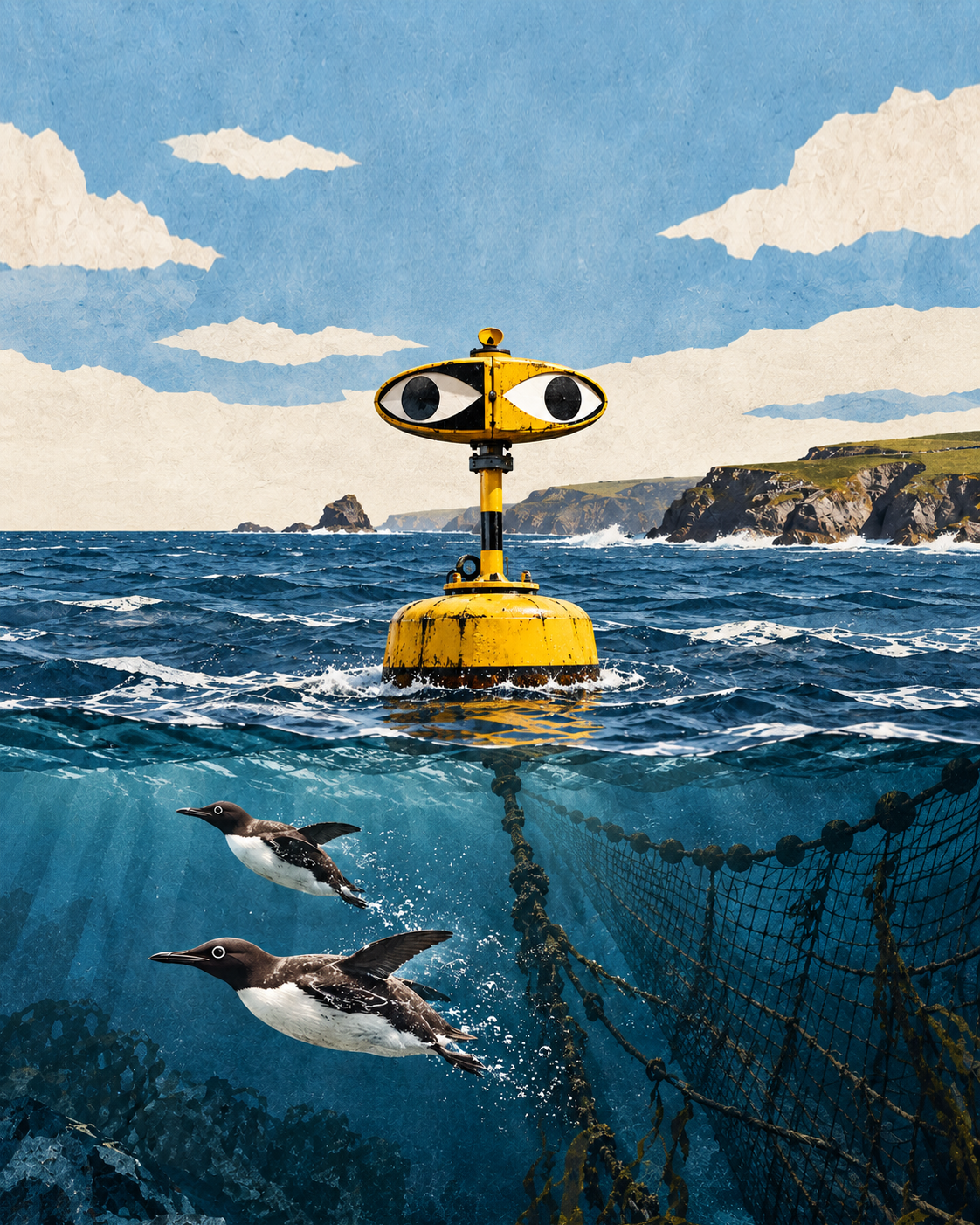 Representative cut-paper editorial collage of a yellow floating buoy with large graphic eyes as guillemot-like seabirds turn away from a fishing net off Cornwall.
