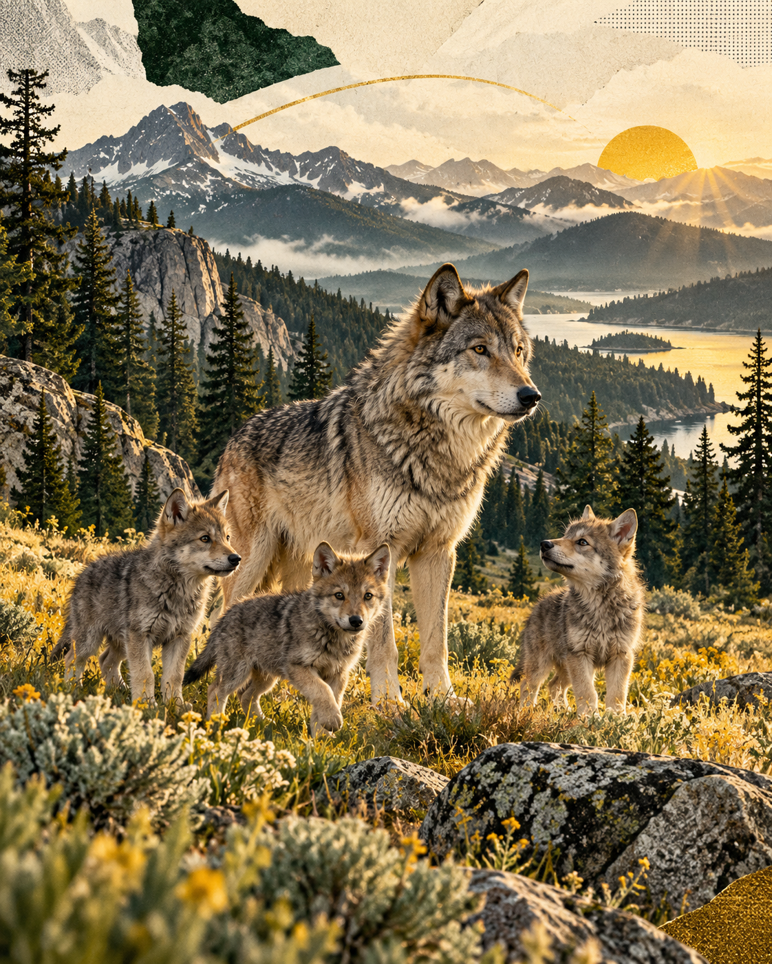 Representative cut-paper collage of an adult gray wolf and three pups in a sunlit California mountain meadow.