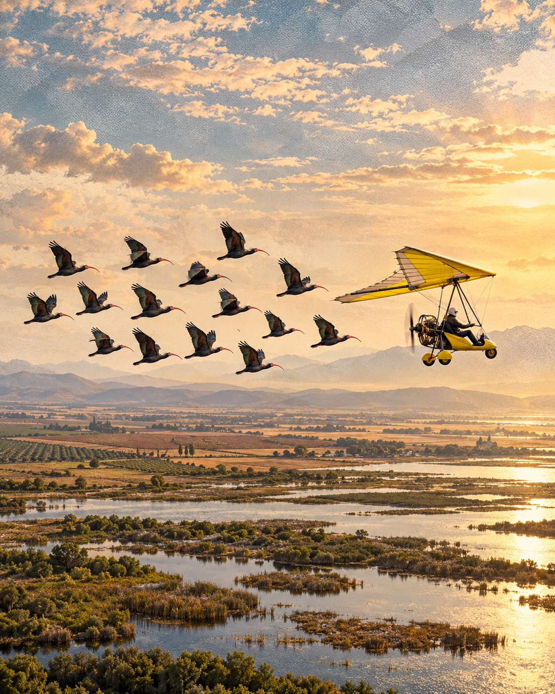 Representative cut-paper collage of fifteen northern bald ibises following a yellow ultralight above Spanish wetlands.