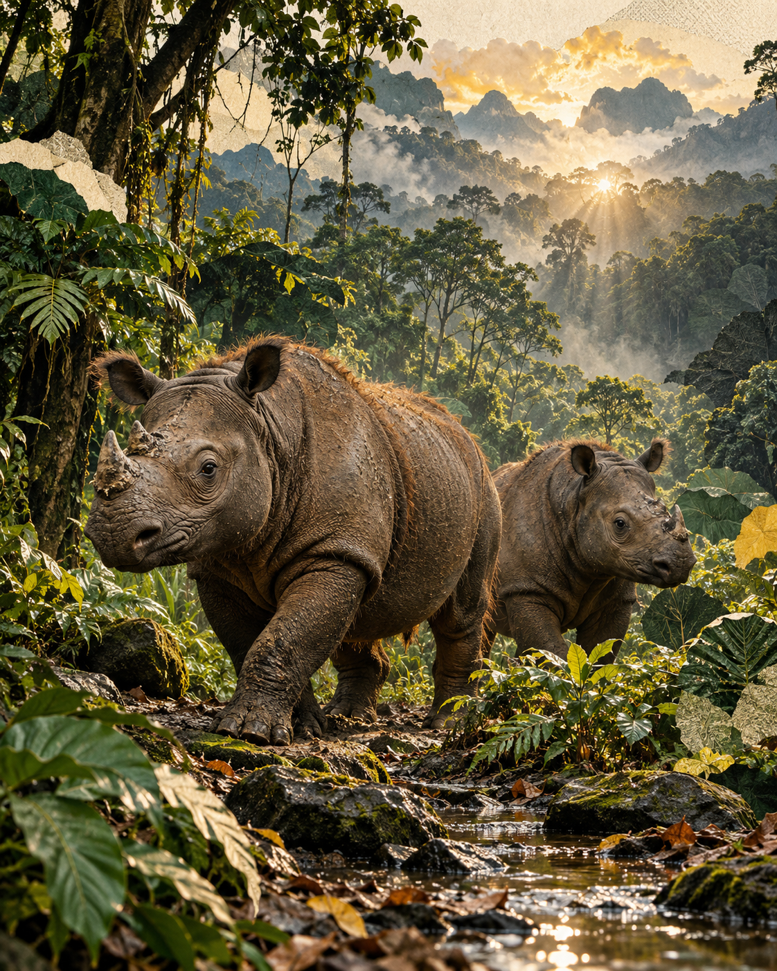 Two adult Sumatran rhinos standing together in a lush Indonesian rainforest, rendered as a cream, black, green and yellow editorial collage.