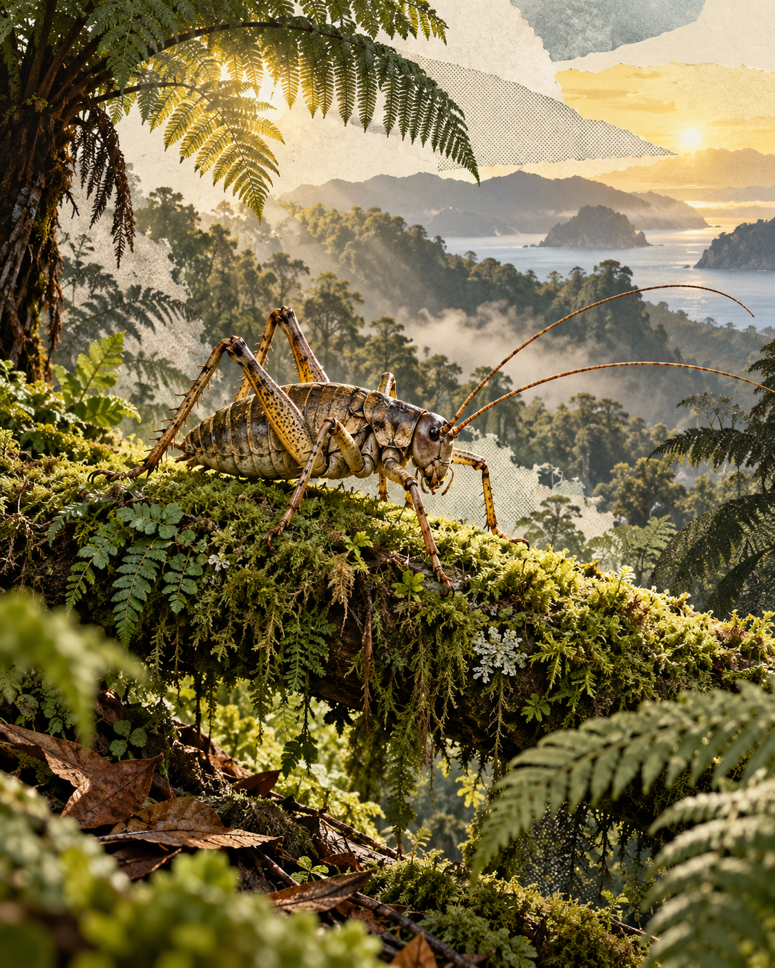 A giant wētāpunga perched on moss in a New Zealand forest collage, with the entire insect safely centered.