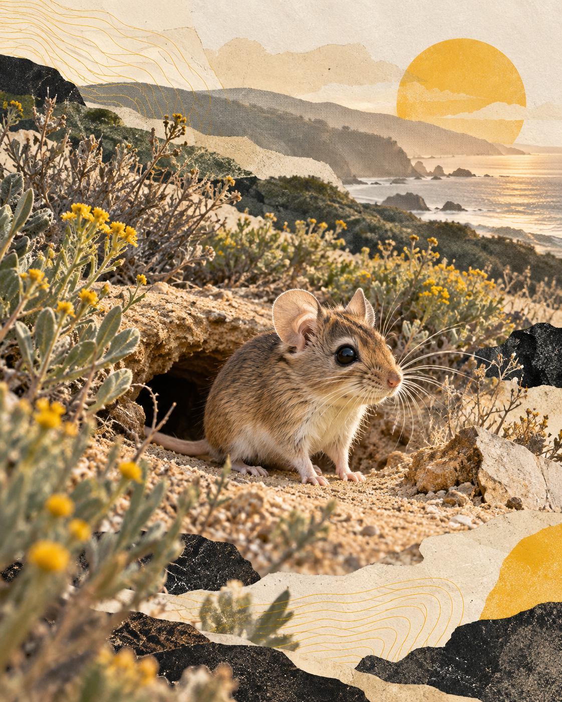 A tiny Pacific pocket mouse fully visible beside a burrow in a warm Southern California coastal-sage editorial collage.