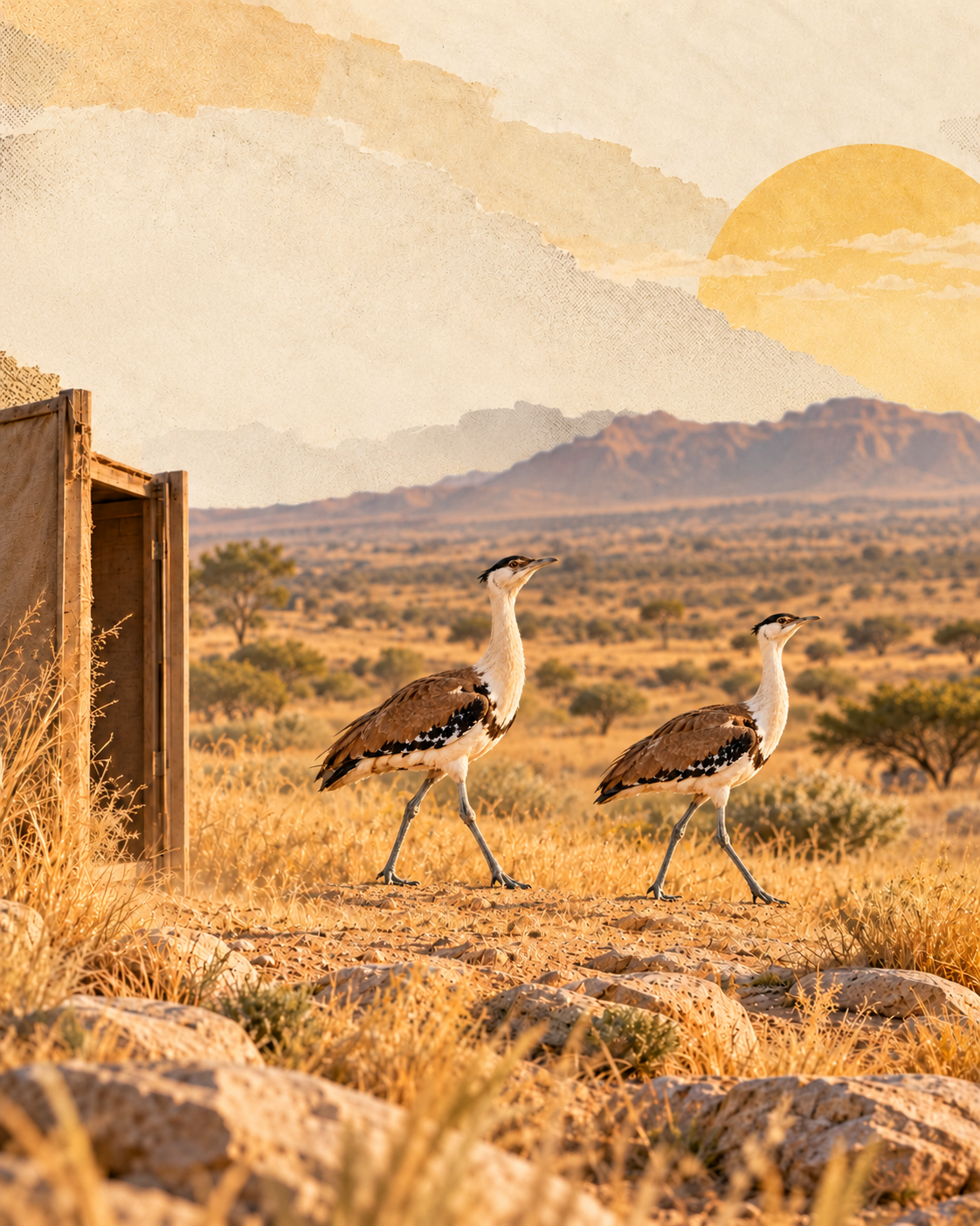 Two Great Indian Bustards fully visible as they walk from a release gateway into warm Thar Desert grassland in a tactile editorial collage.