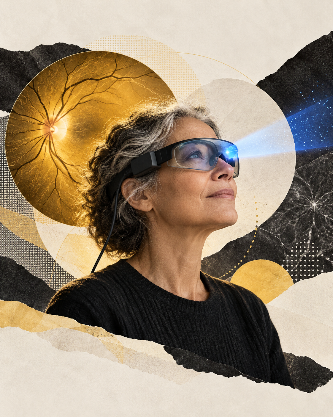 Representative editorial collage of an adult wearing light-stimulating research goggles, with a small blue pulse and an abstract retina.