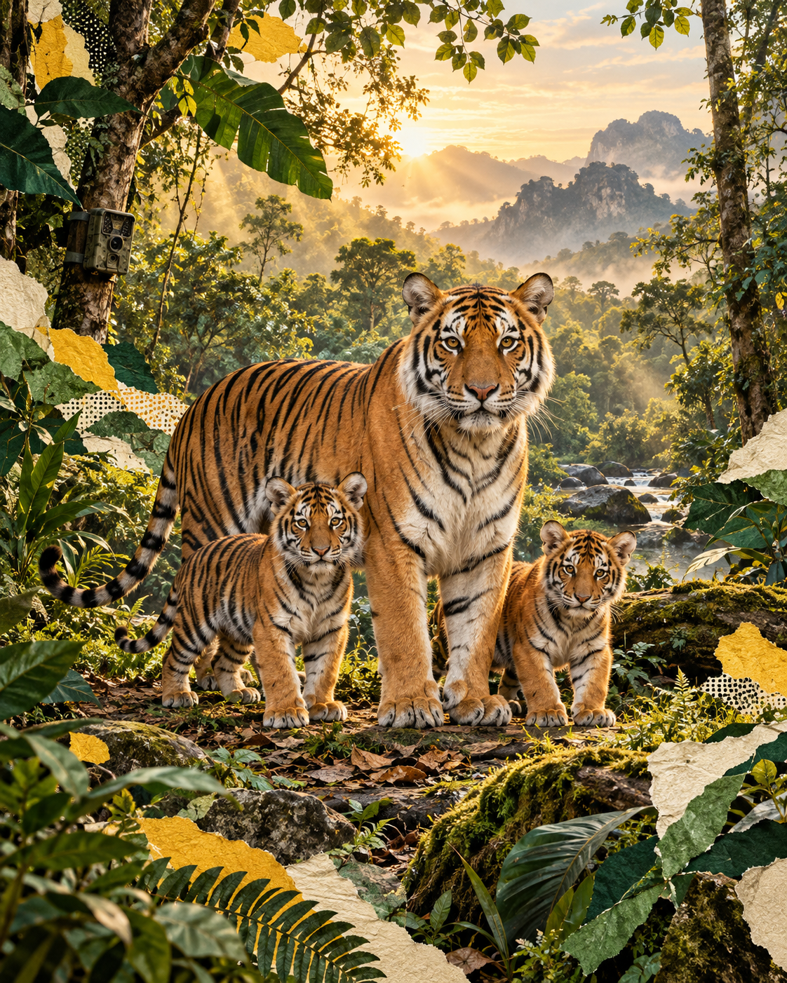 Representative editorial collage of a fully visible adult tigress and two cubs in protected Thai forest with a camera trap, all faces and ears safely inside the crop.