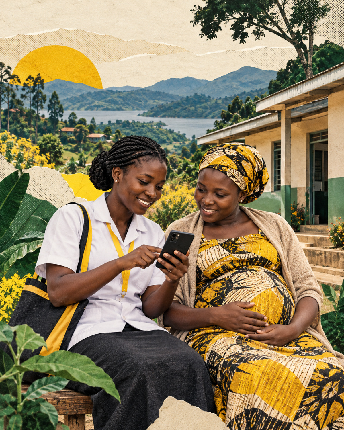 Representative editorial collage of a Rwandan community health worker and an expectant mother reviewing a smartphone health record, with both faces and hands safely inside the crop.