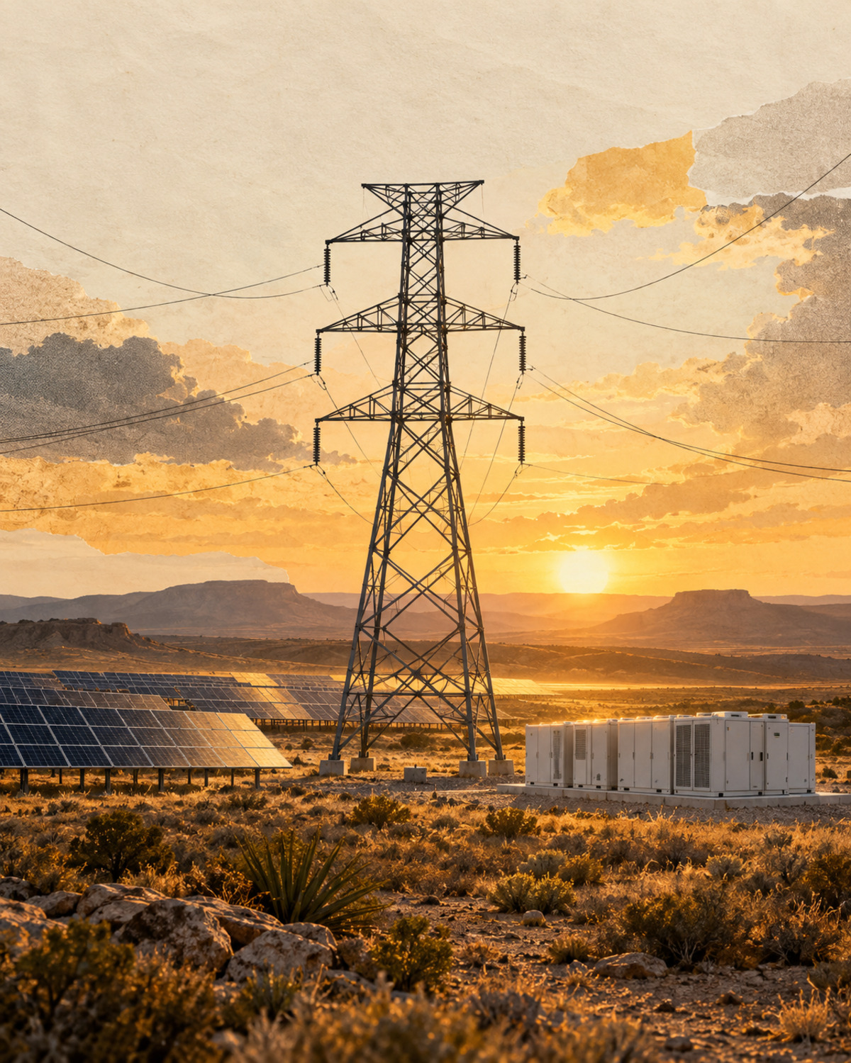 Representative editorial collage of a West Texas transmission tower, solar panels and grid-scale battery cabinets under a hot sky, with all essential infrastructure safely inside the crop.