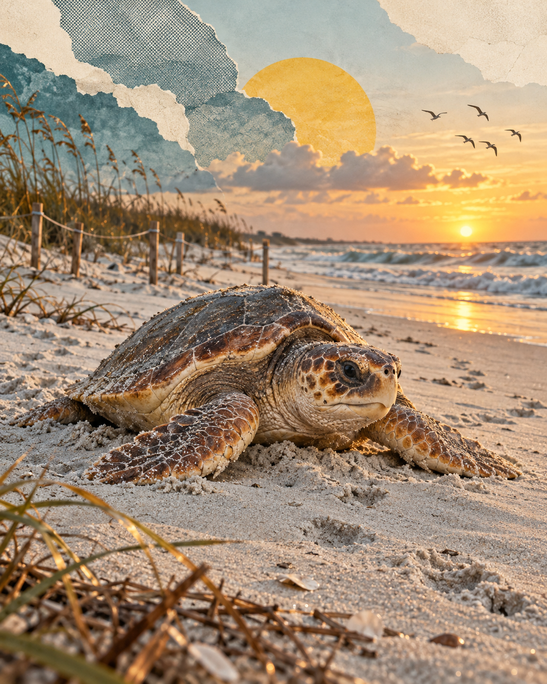 Representative editorial collage of a loggerhead sea turtle emerging on a Georgia beach beside protected nest markers, with the turtle’s complete head and shell held safely inside the central crop.