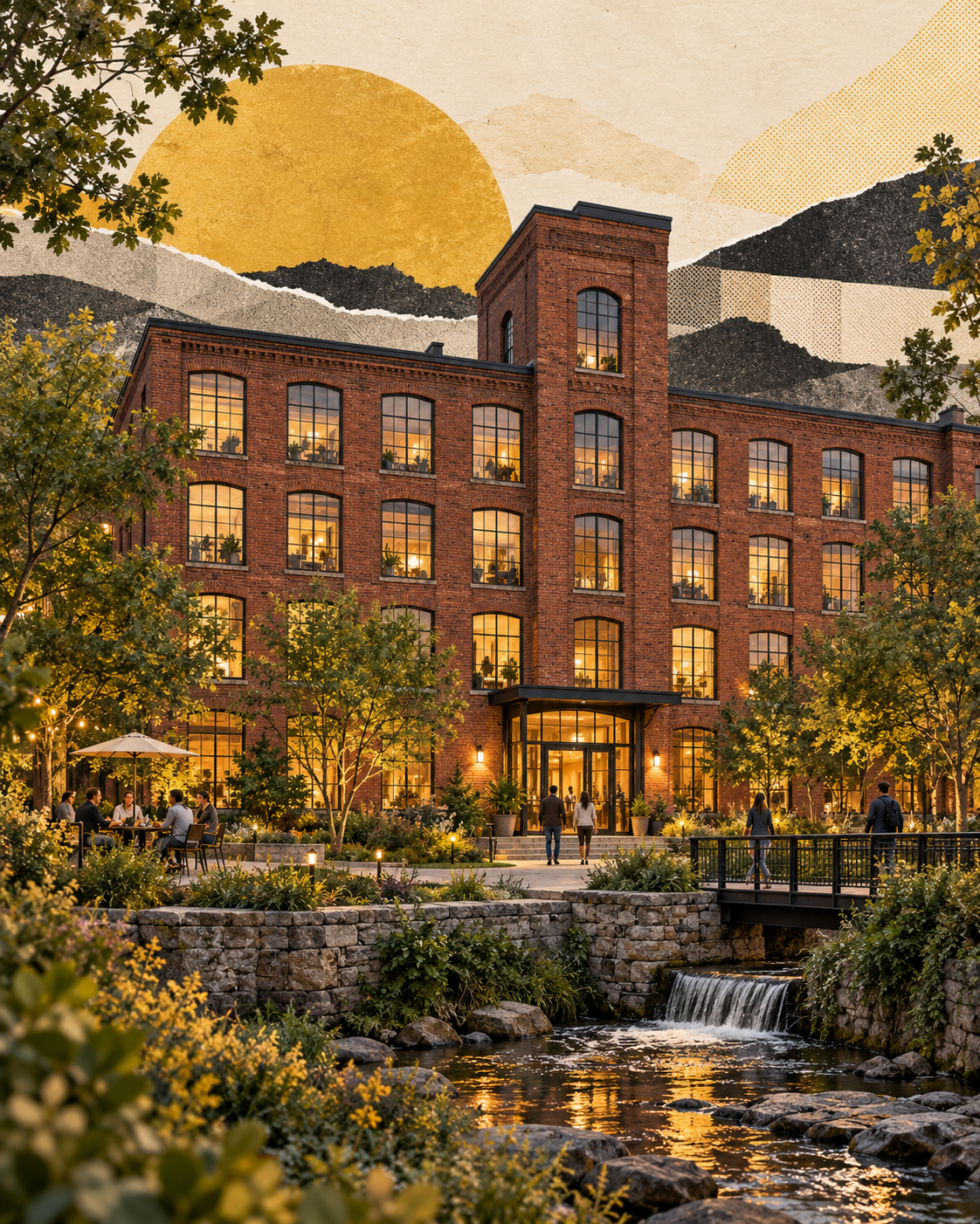 A warmly lit historic red-brick mill restored as apartments, rendered as a cream, black and golden-yellow cut-paper editorial collage.