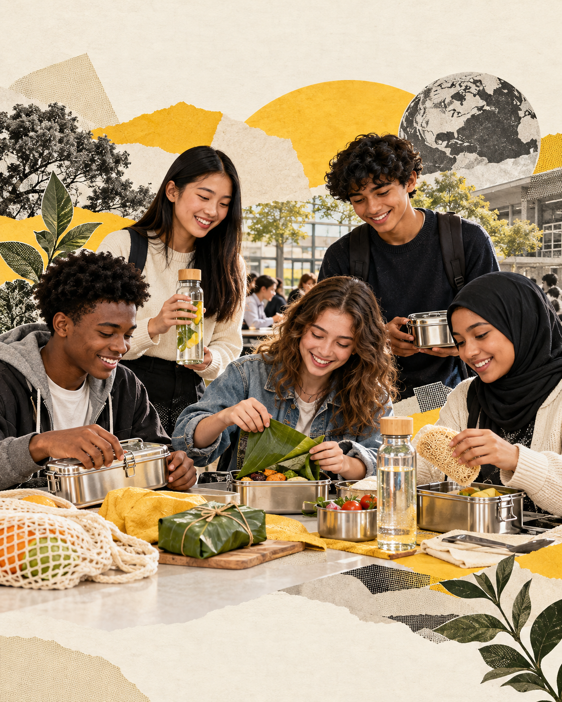 Representative editorial collage of diverse teenagers using reusable lunch containers at school, with every face and essential object safely inside the central crop.