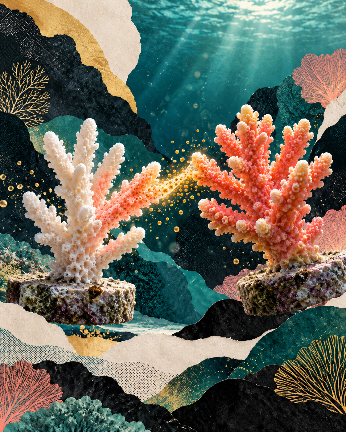 A pale coral fragment touching a healthy coral through a small tissue bridge as golden symbiotic algae cross and color returns, in a cream, black, yellow and teal cut-paper collage.