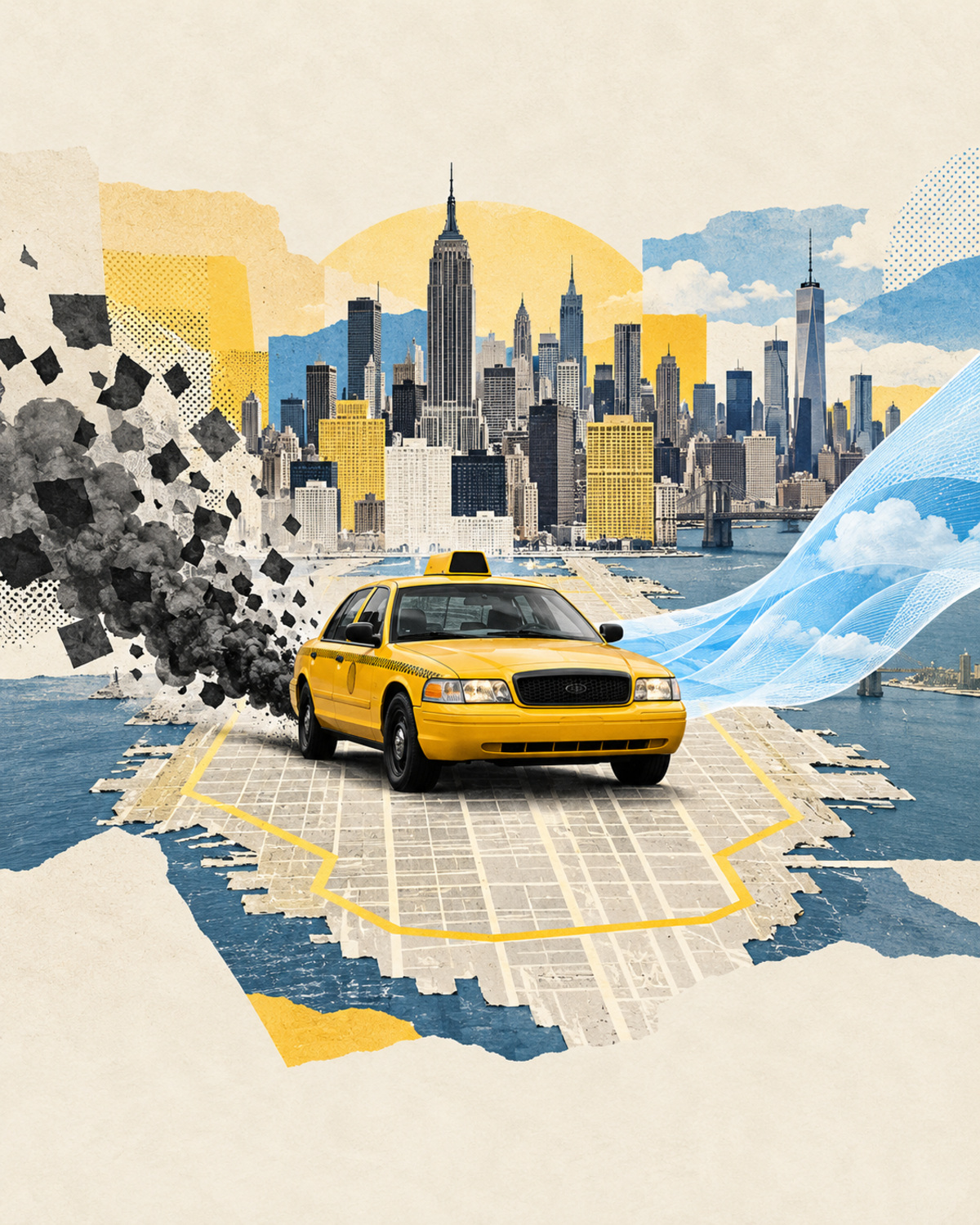 A yellow taxi moving through a stylized Manhattan congestion zone as dark exhaust fragments transform into a clean blue air ribbon, rendered as a premium cream, black and yellow cut-paper editorial collage.