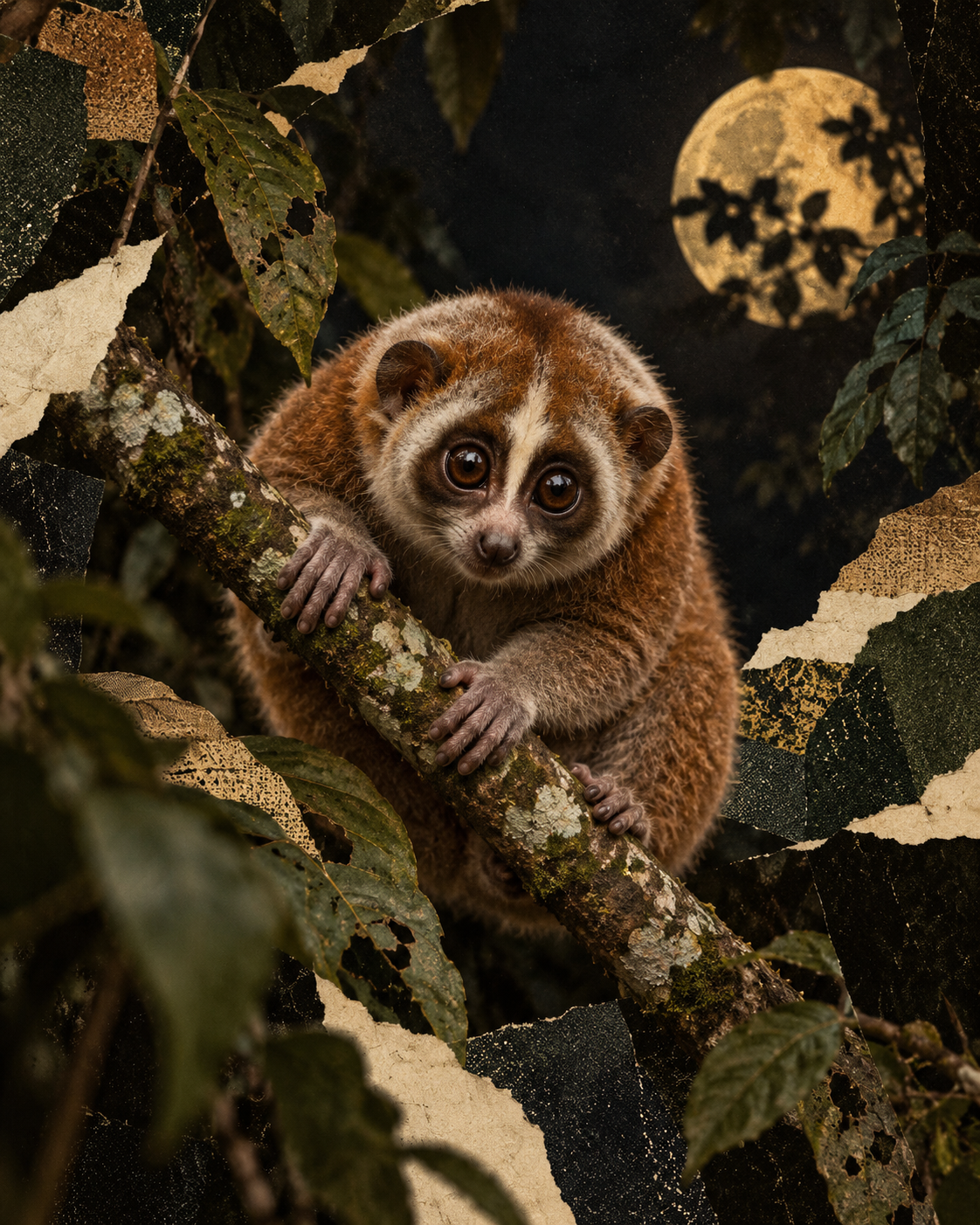 A realistic Bangka slow loris grips a branch at night in a tactile cream, black, and yellow editorial collage.