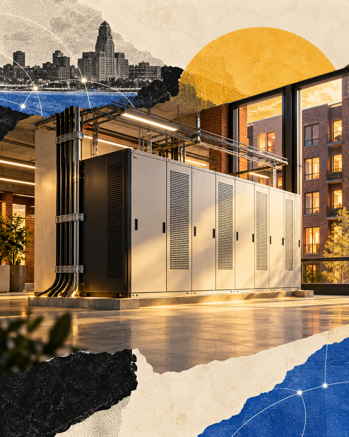 Editorial collage of a large battery cabinet beside an apartment building in Buffalo, linked by a warm yellow ribbon of stored energy.
