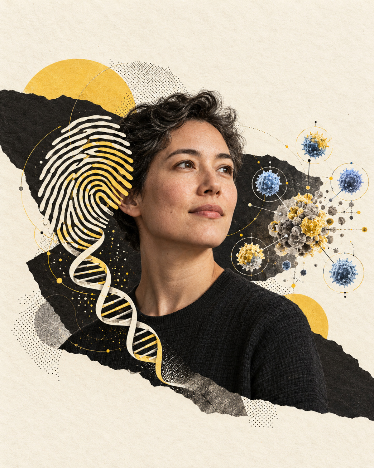 Representative editorial collage of a patient profile, tumor-derived genetic fingerprint and immune-cell targets, with no claim of documentary photography.