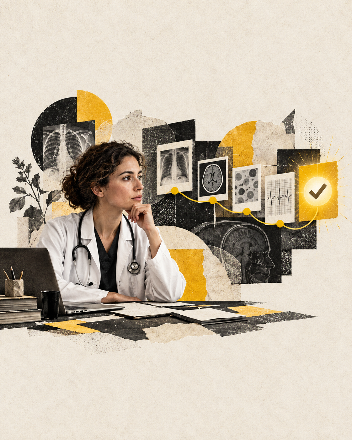 Editorial collage of a clinician surrounded by sequential diagnostic evidence cards in cream, black and yellow.
