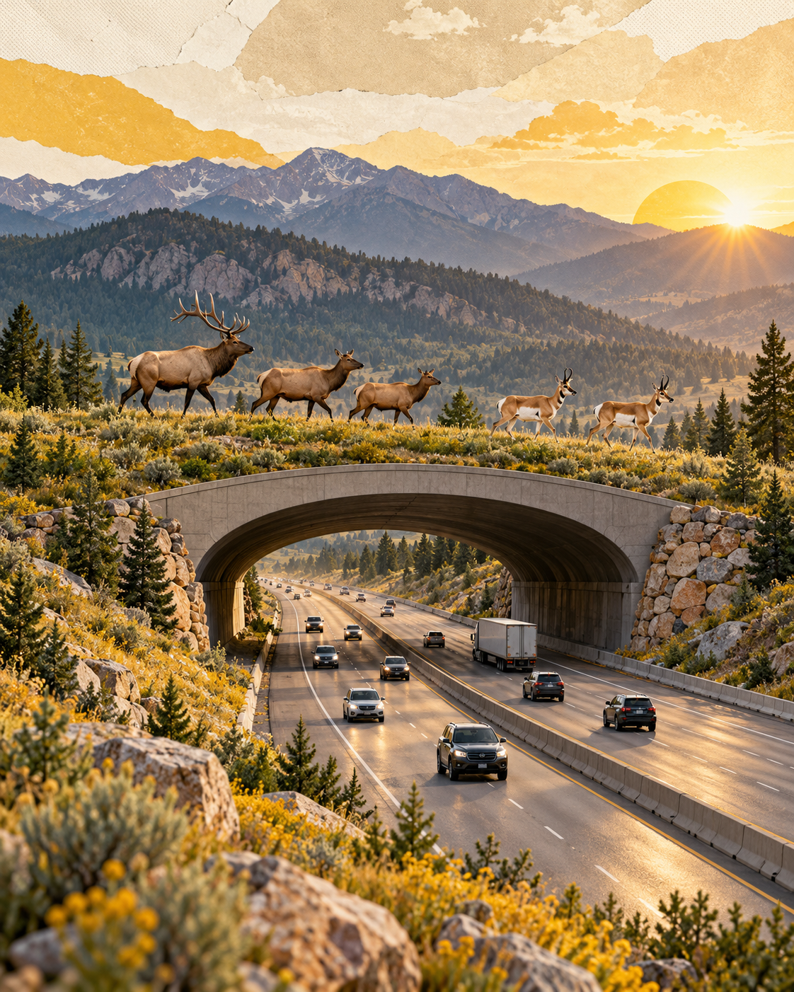 Illustrated elk and pronghorn crossing a broad grass-covered wildlife bridge above Interstate 25 in Colorado.