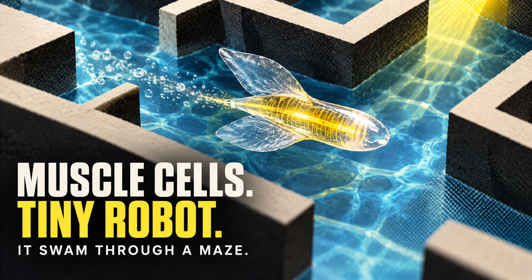 A PAPER-THIN ROBOT SWAM THROUGH A MAZE ON MUSCLE CELLS.