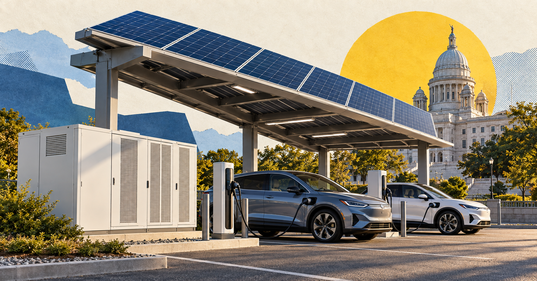 RHODE ISLAND WILL PAIR SOLAR CARPORTS, BATTERIES AND EV CHARGING ON ONE CIVIC CAMPUS.