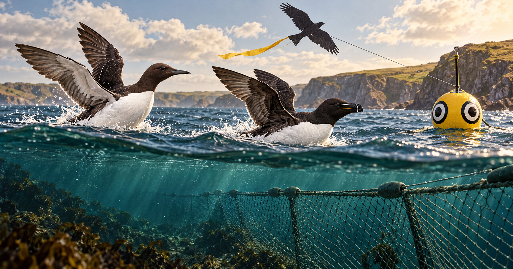 KITES AND SPINNING EYES CUT THE ODDS OF SEABIRD BYCATCH IN WORKING NETS.